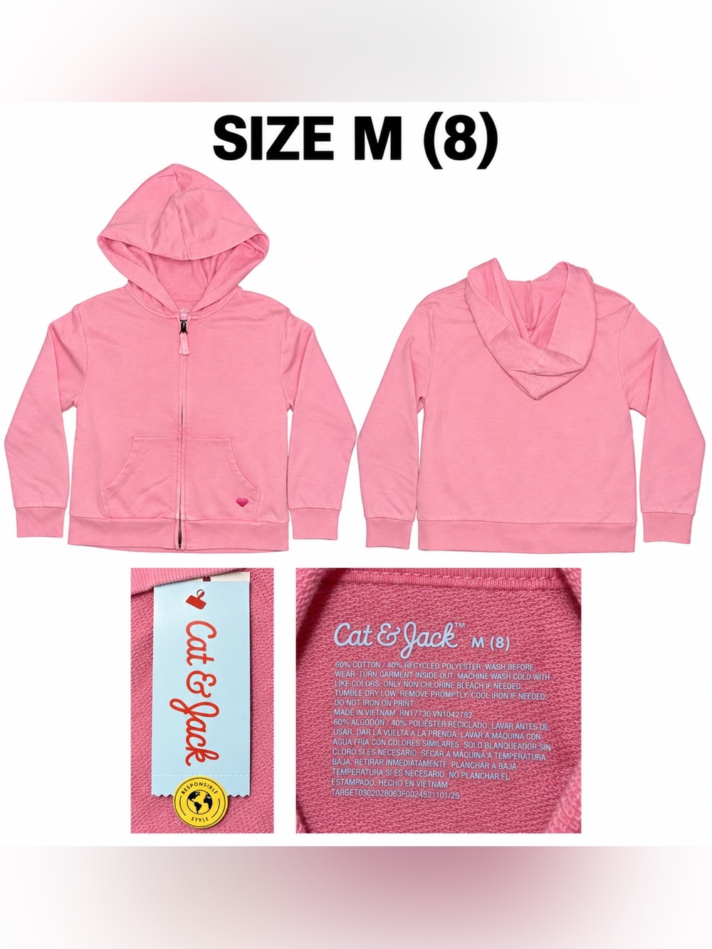 Cat & Jack Pink Hooded Zip Jacket with Heart Detail